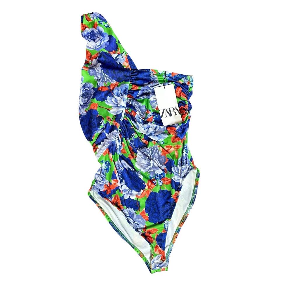 NEW ZARA Blue Green Floral Asymmetrical One Shoulder Bloggers Fave Bodysuit Sz M